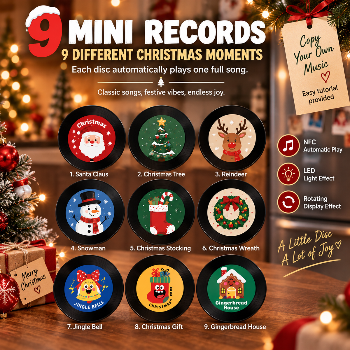 🎄🎵Christmas NFC Music Player – Turn Your Fridge Into a Holiday Jukebox. with 9 Vinyl Style Discs and USB C