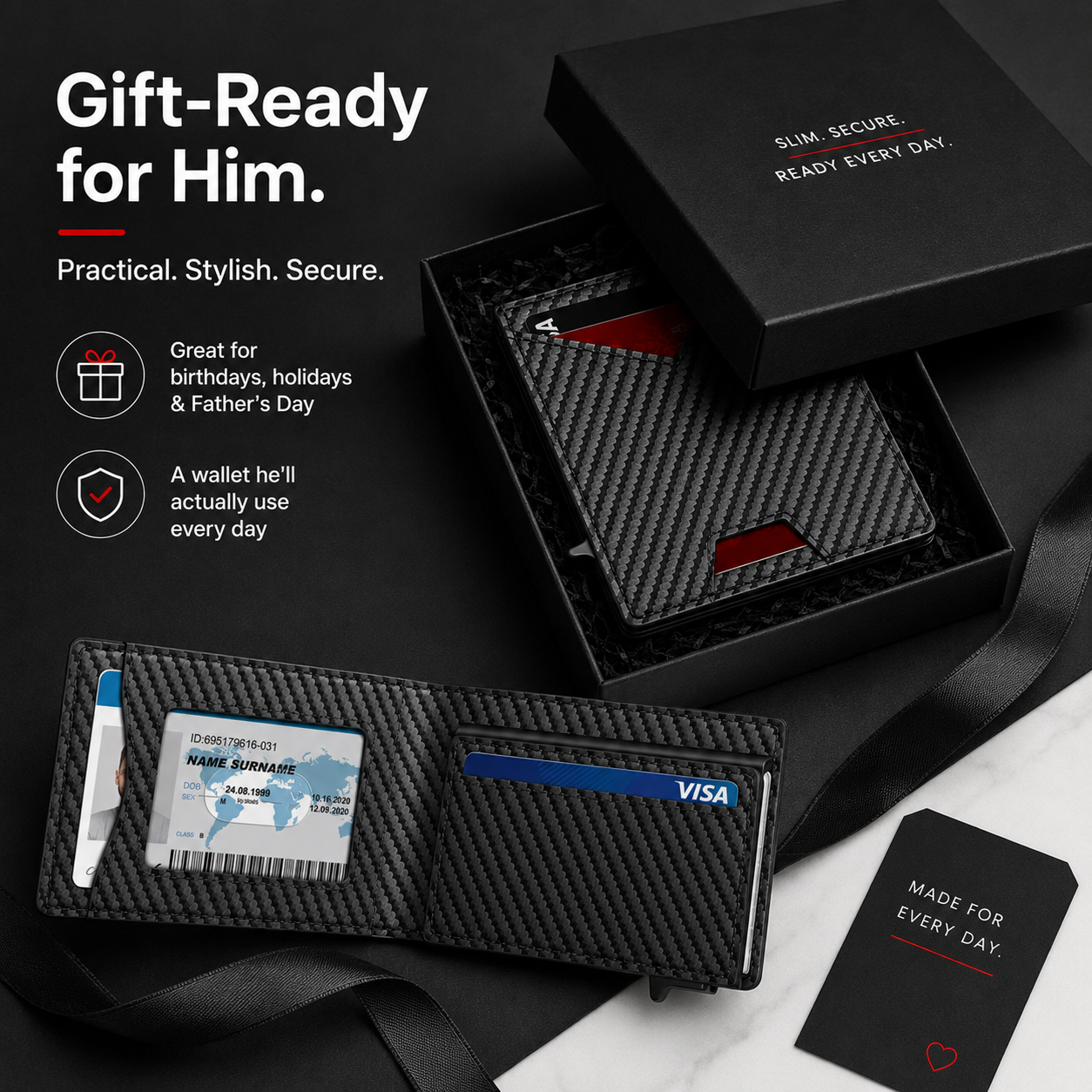 💳 Men's RFID Minimalist Bifold Wallet | Pop-Up Card Holder with ID Window & Money Clip | Gift Box Include