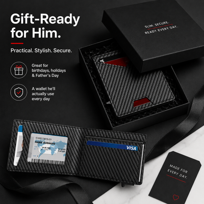 💳 Men's RFID Minimalist Bifold Wallet | Pop-Up Card Holder with ID Window & Money Clip | Gift Box Include