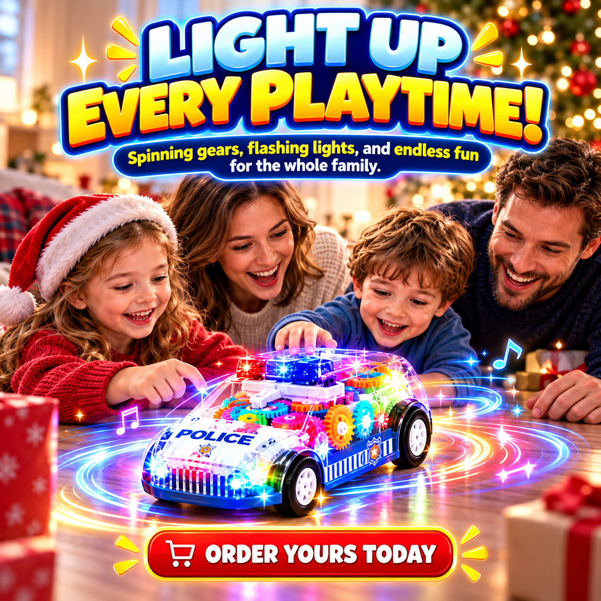 🚓 Transparent Gear Police Toy Car – Spinning Gears, LED Lights & Music