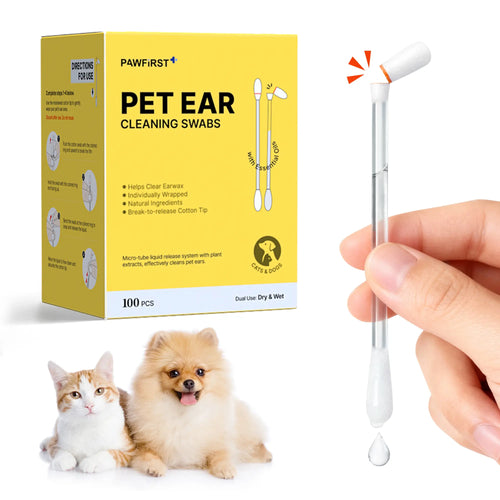 🐱Pawfirst Pet Ear Cleaning Cotton Swabs – Earwax & Odor Remover for Cats & Dogs, Individually Wrapped, Break-to-Release Liquid, Dry/Wet Dual-Use