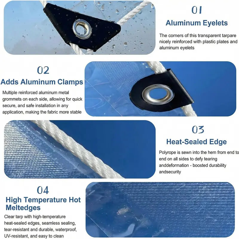Close-up of aluminum grommets reinforced corners and heat-sealed tarp edge