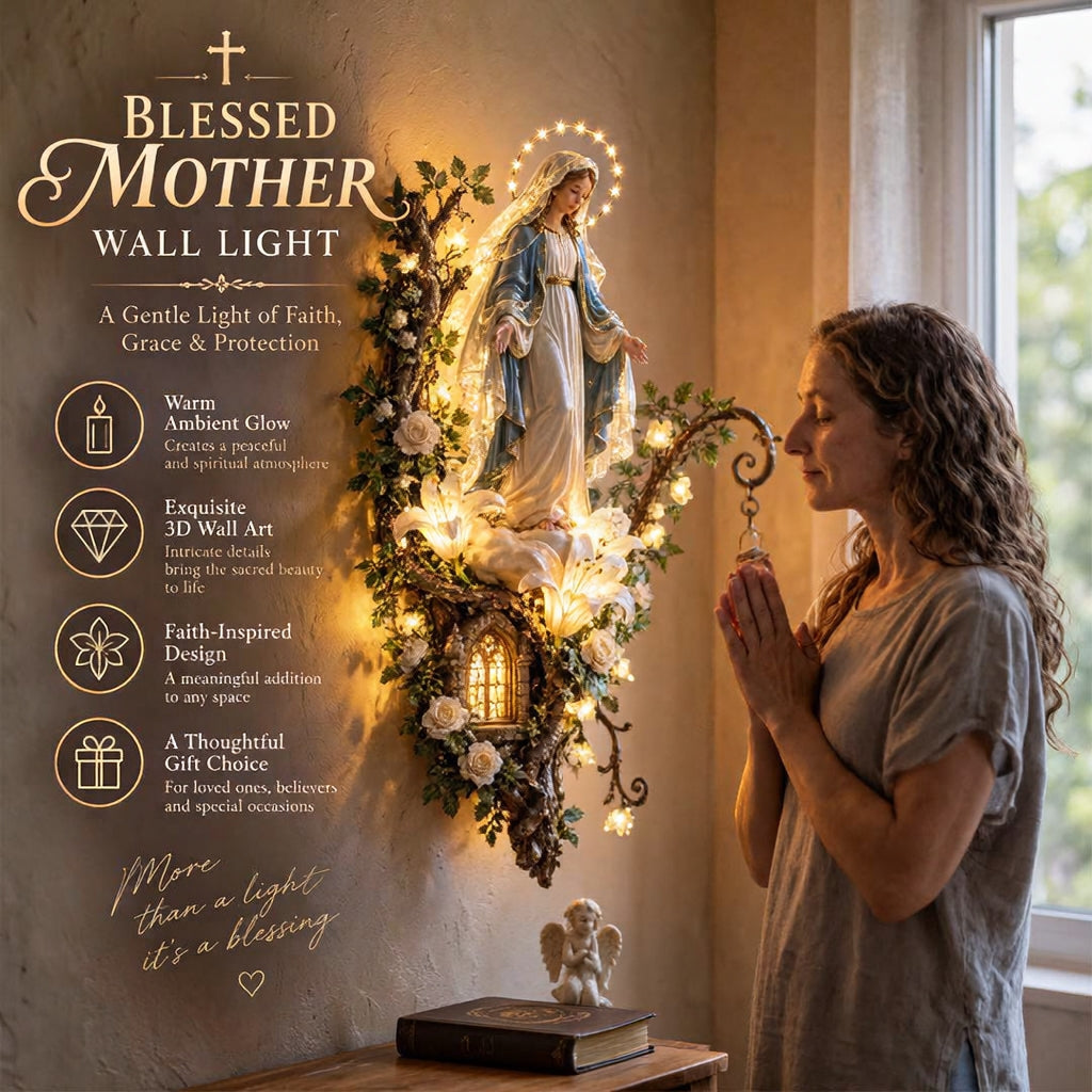 Woman praying beside Blessed Mother lighted wall decor