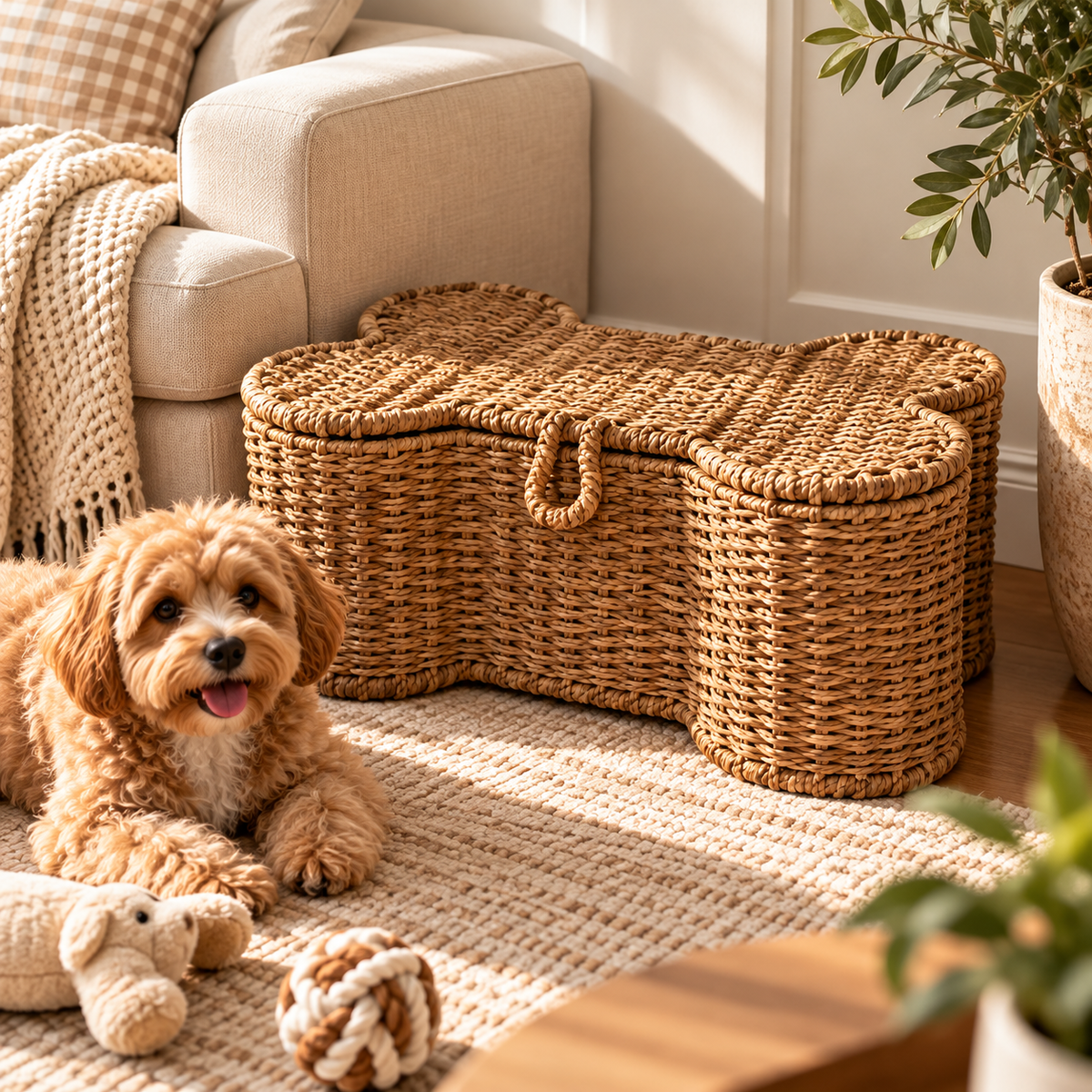 Closed woven bone shaped dog toy storage basket in a neutral living room