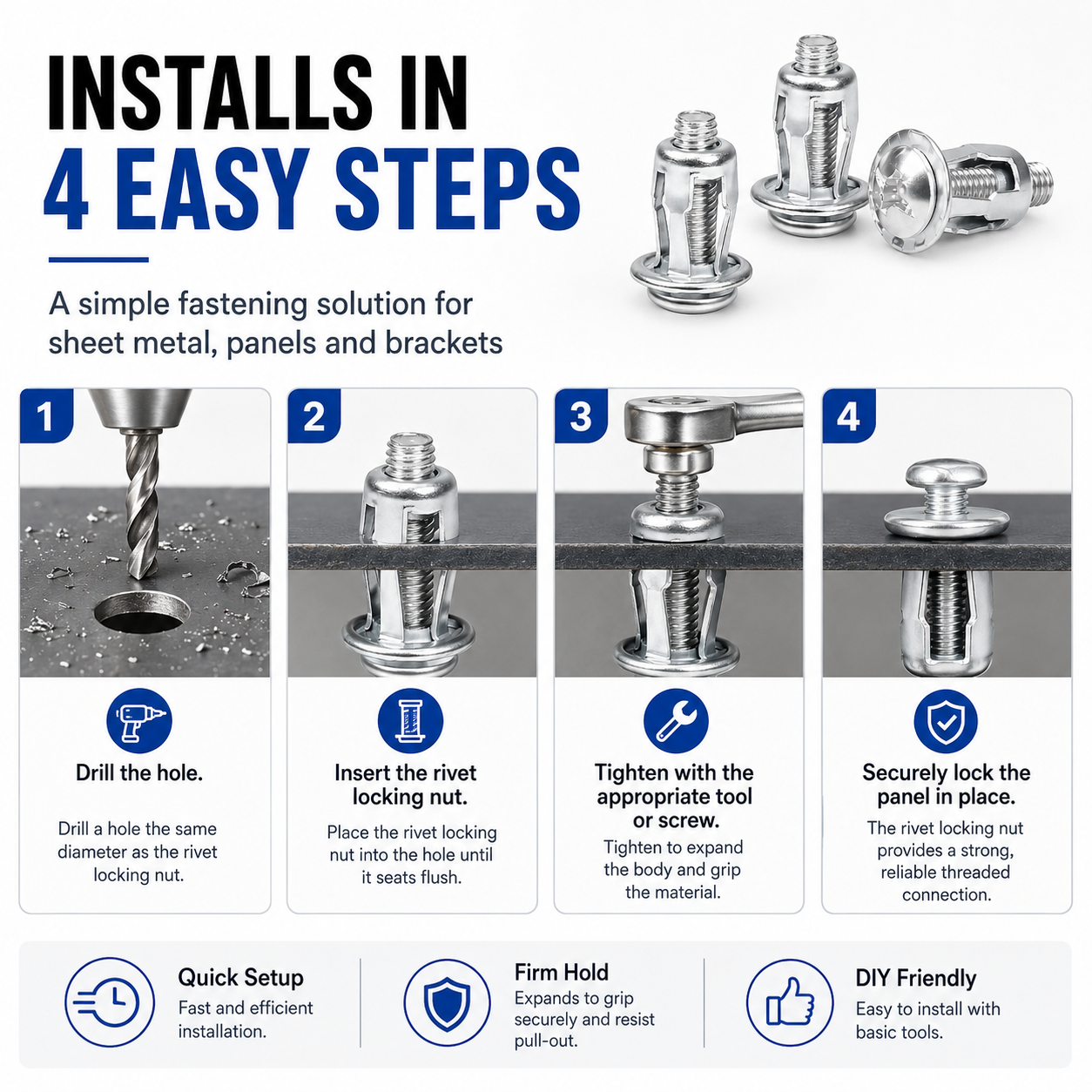Four step installation process for rivet locking nuts