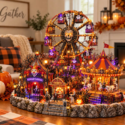 🎃👻Haunted Halloween Wonderland – Light-Up Ghost Train Village & Spooky Carnival Display