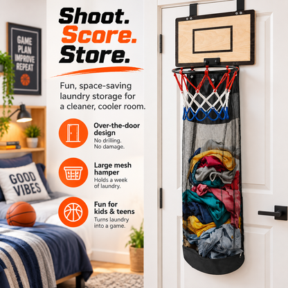 🏀Over-the-Door BasketballLaundry Hamper - Fun Space-Saving Clothes Basket