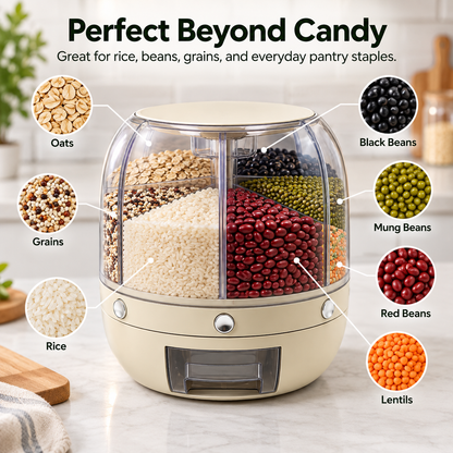 🌾 6-Compartment Rotating Dry Food Dispenser – Pantry Organizer for Rice, Beans, Grains & Treats