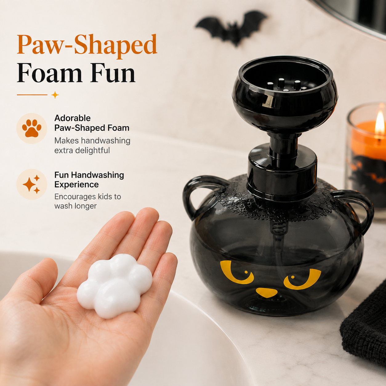 Paw shaped foaming soap dispensed into hand