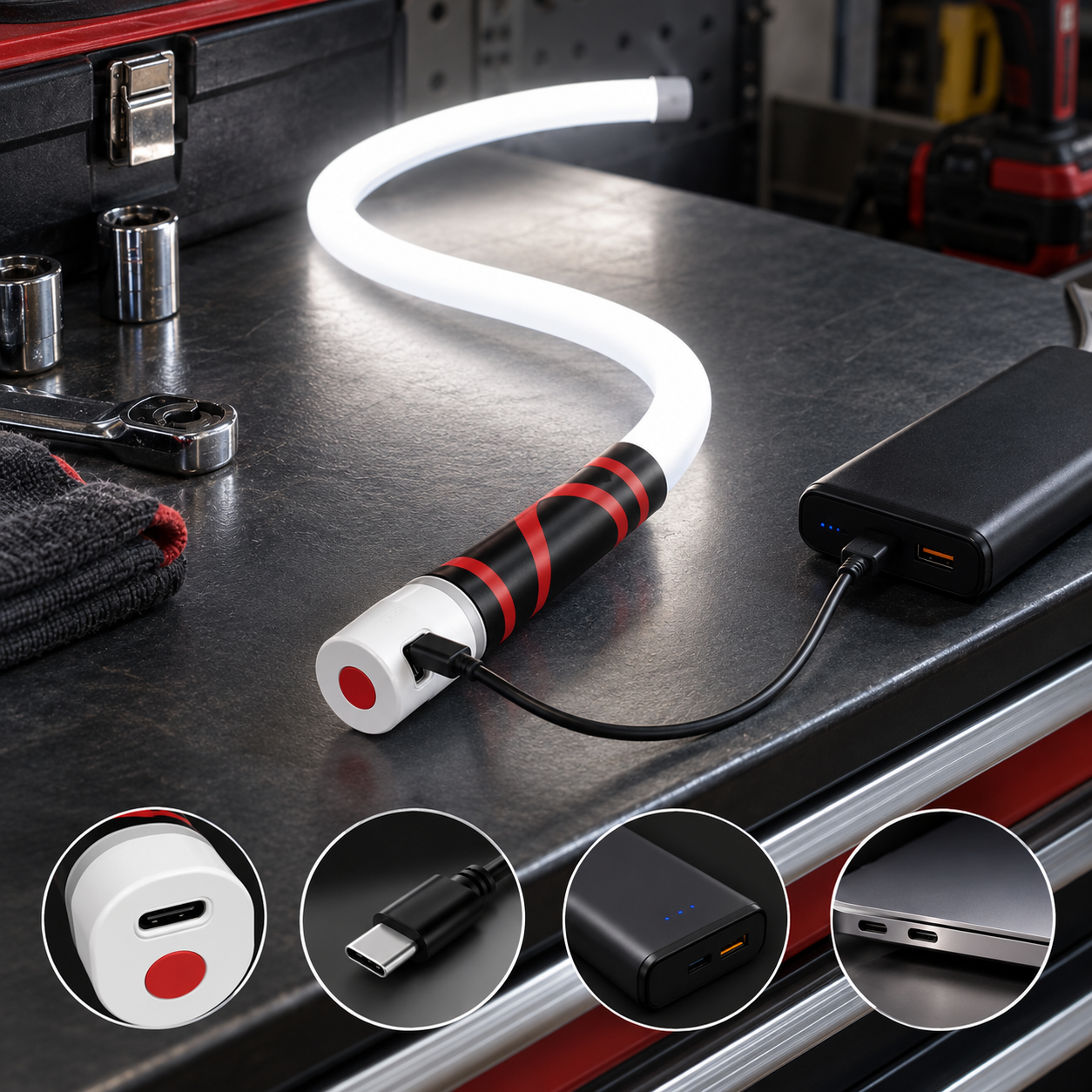 Flexible LED work light charging through Type-C cable