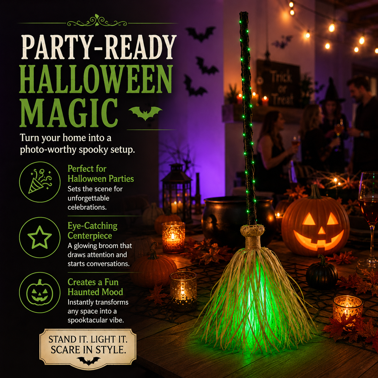 🧹 Light-Up Witch Broom Halloween Decoration – Spooky Green LED Décor