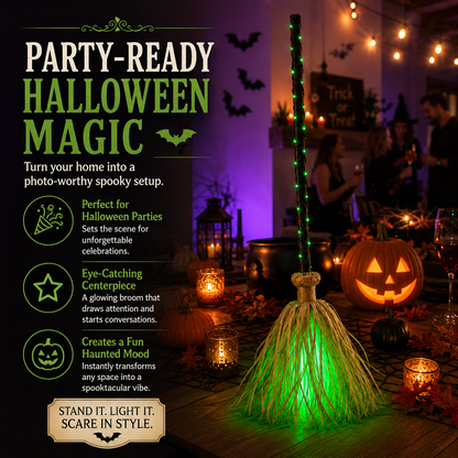 🧹 Light-Up Witch Broom Halloween Decoration – Spooky Green LED Décor