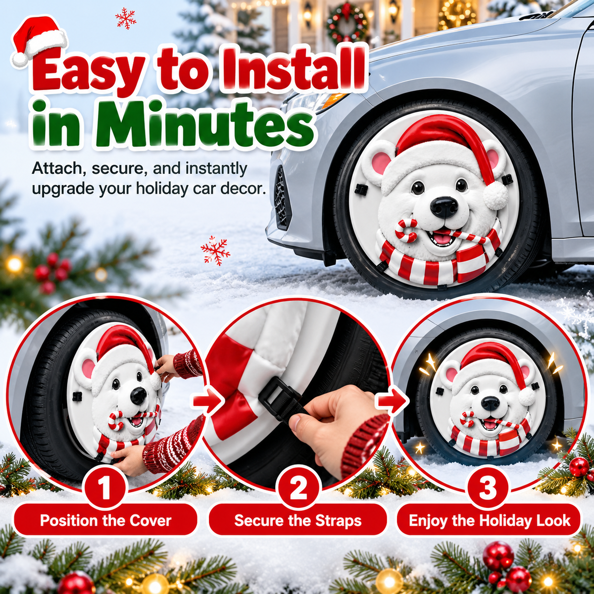 Three step installation of Polar Bear Santa Christmas wheel decor