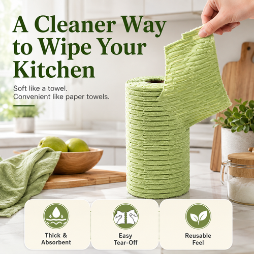 🍃 Bamboo Fiber Cleaning Cloth Roll – Thick Absorbent Tear-Off Kitchen Towels for Grease, Spills & Everyday Cleaning