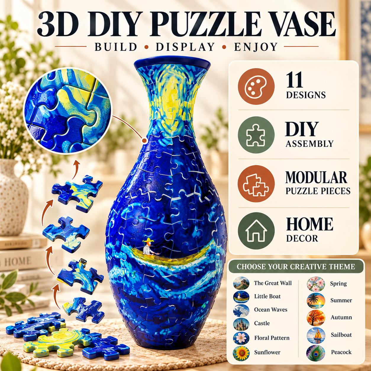 Blue Ocean Waves 3D puzzle vase with loose interlocking pieces and 11 design options
