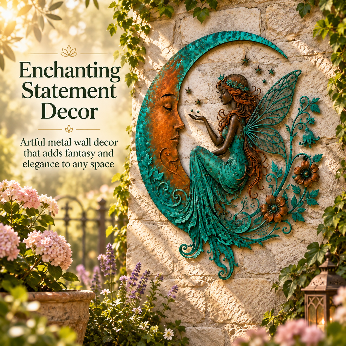 Fairy crescent moon fantasy metal wall decor