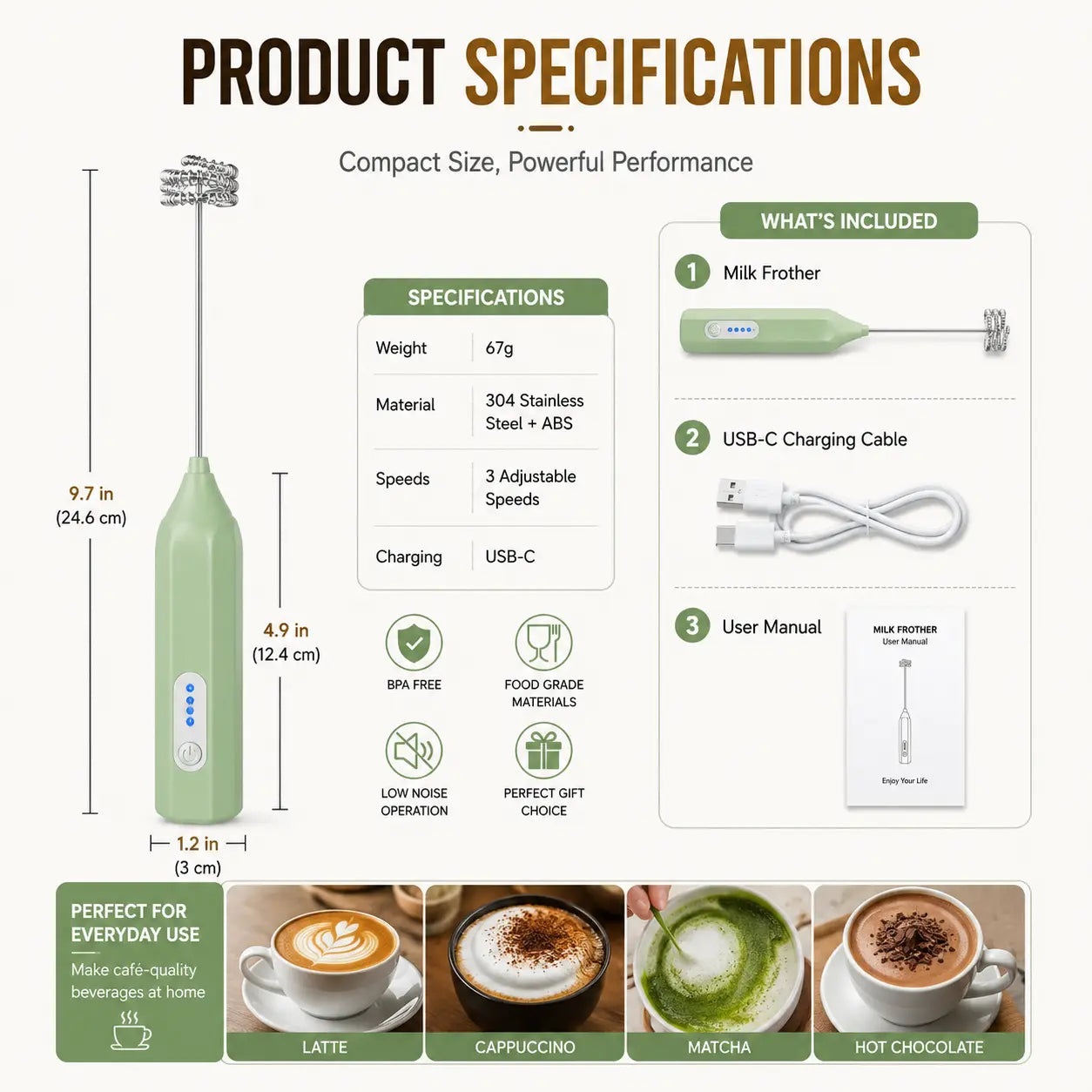 3-Speed Rechargeable Milk Frother for Café-Style Drinks