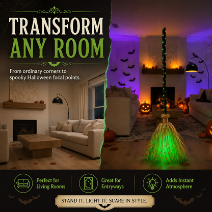 🧹 Light-Up Witch Broom Halloween Decoration – Spooky Green LED Décor