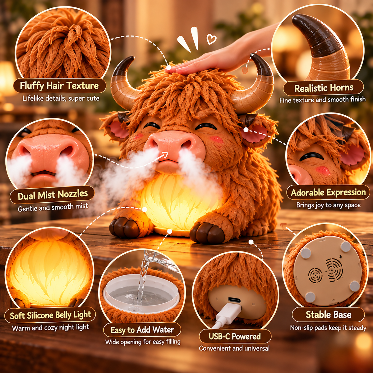 🐮 Highland Cow Tap-to-Puff Humidifier – Cute USB Mist Diffuser with Colorful Night Light