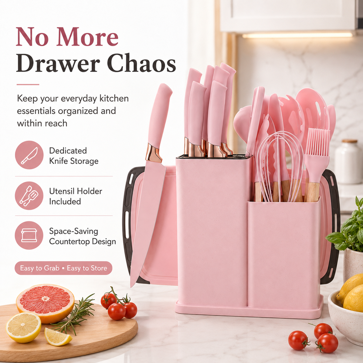 Pink countertop kitchen storage holder keeping knives utensils and cutting board organized