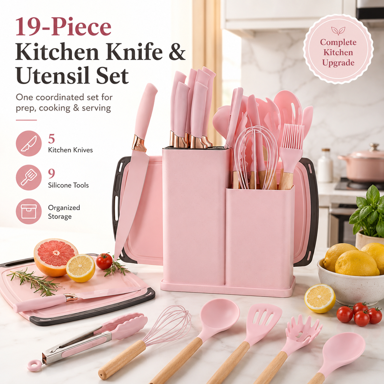 Complete pink 19 piece kitchen knife and utensil set with countertop storage