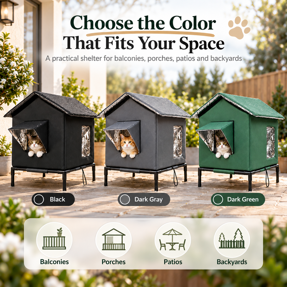 Black dark gray and dark green outdoor cat house color options