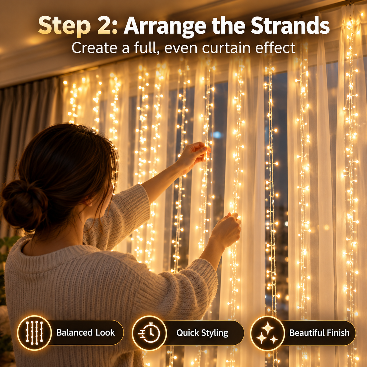 🎄 Christmas Curtain Lights – Warm White LED Window Lights with Remote Control