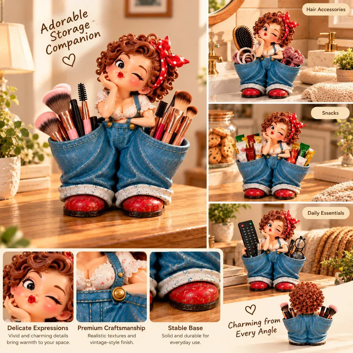 🎀💕 Vintage Girl Double-Pocket Organizer – Cute Denim-Style Figurine & Home Décor ✨