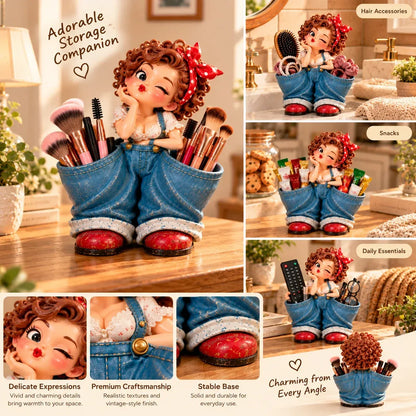 🎀💕 Vintage Girl Double-Pocket Organizer – Cute Denim-Style Figurine & Home Décor ✨