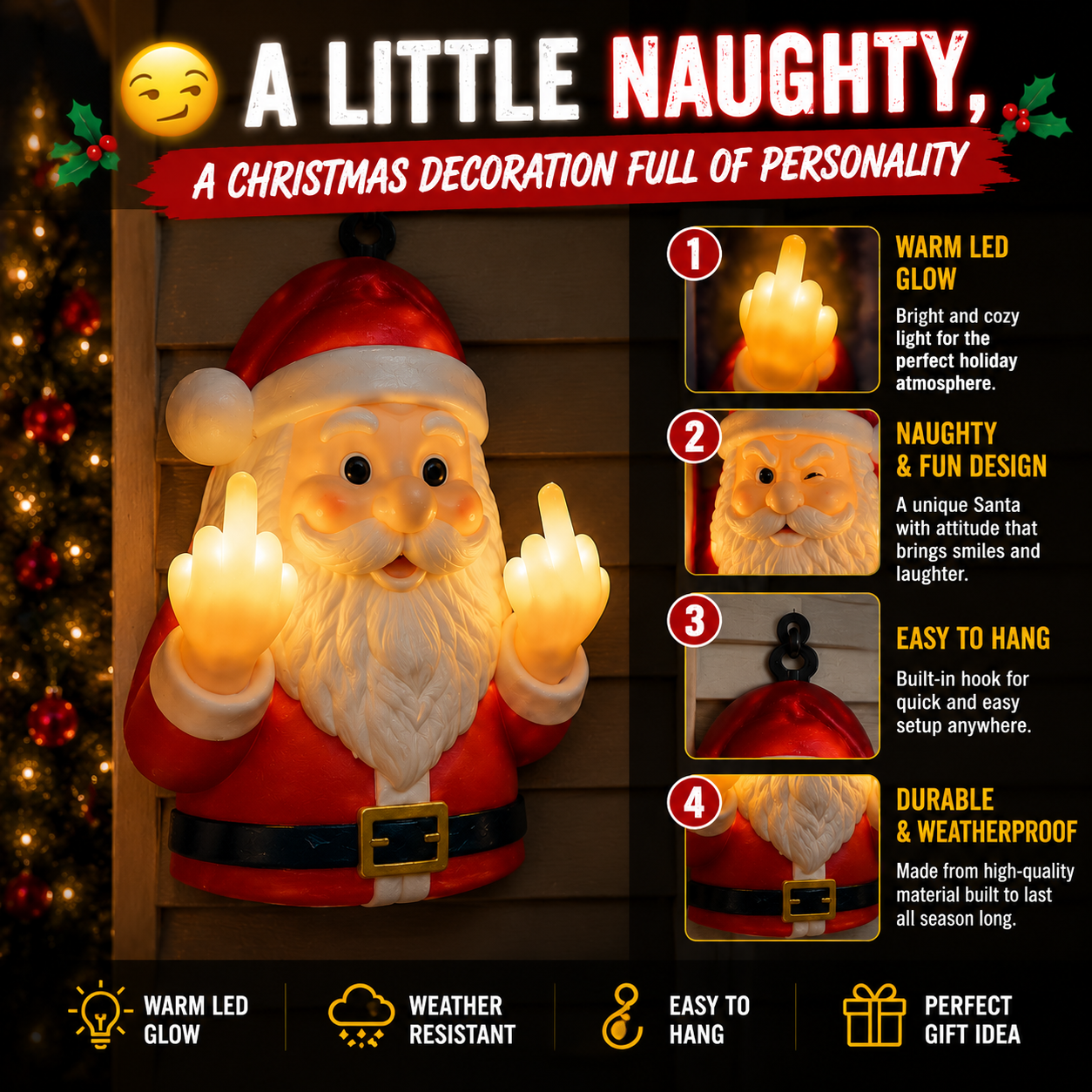 🎅 Naughty Santa Christmas Light Decor – Funny Cheeky LED Holiday Wall Hanging Decoration for Front Door & Porch
