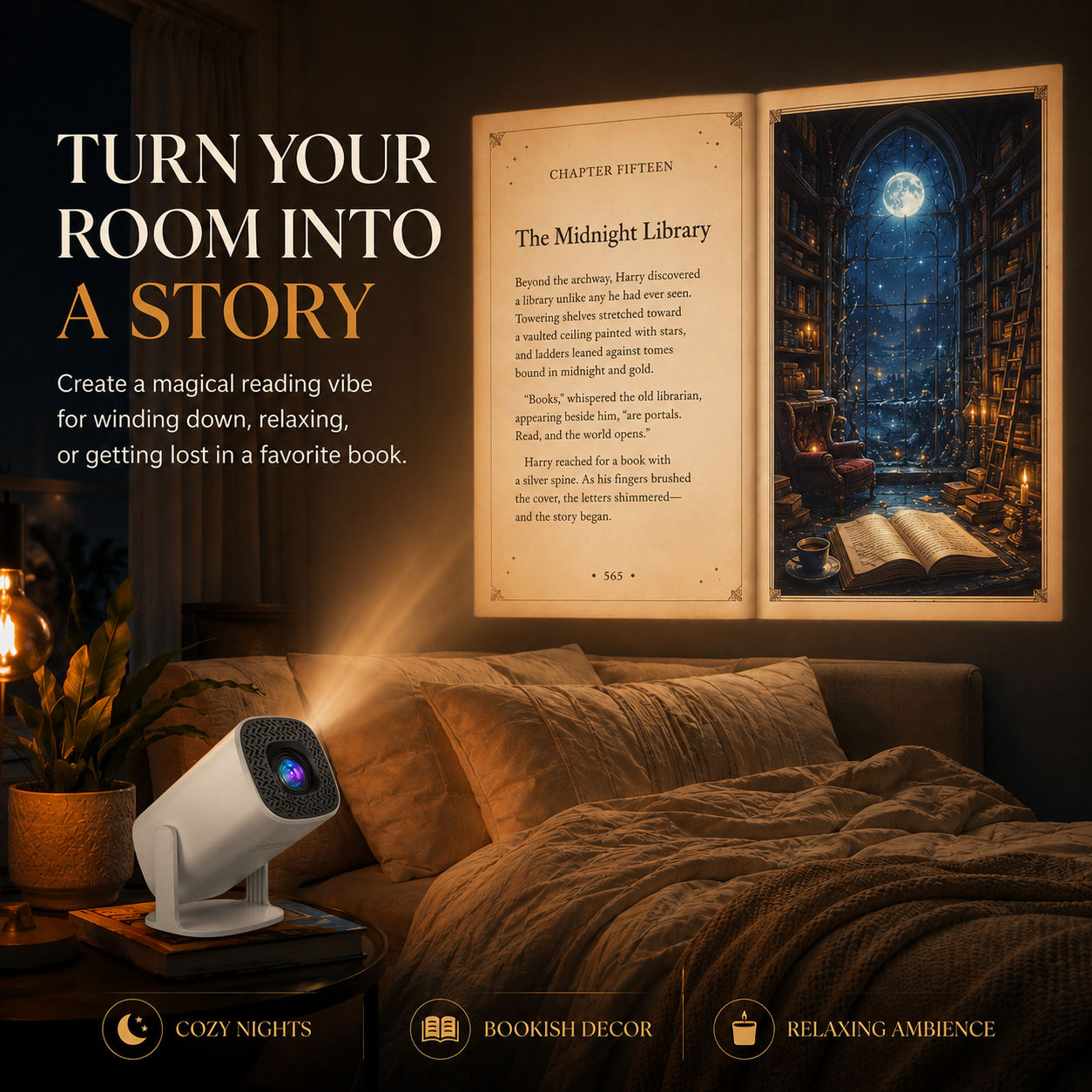 Book inspired wall projection creating a cozy bedroom atmosphere