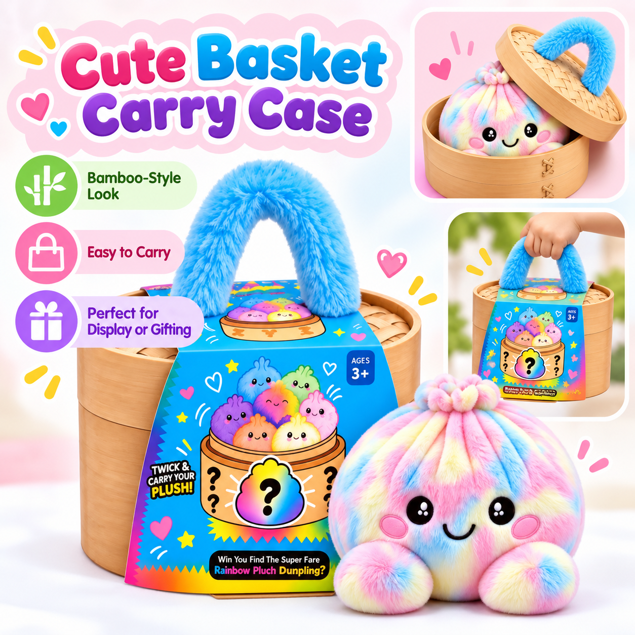 Dumpling plush with bamboo-style carry basket shown open and closed