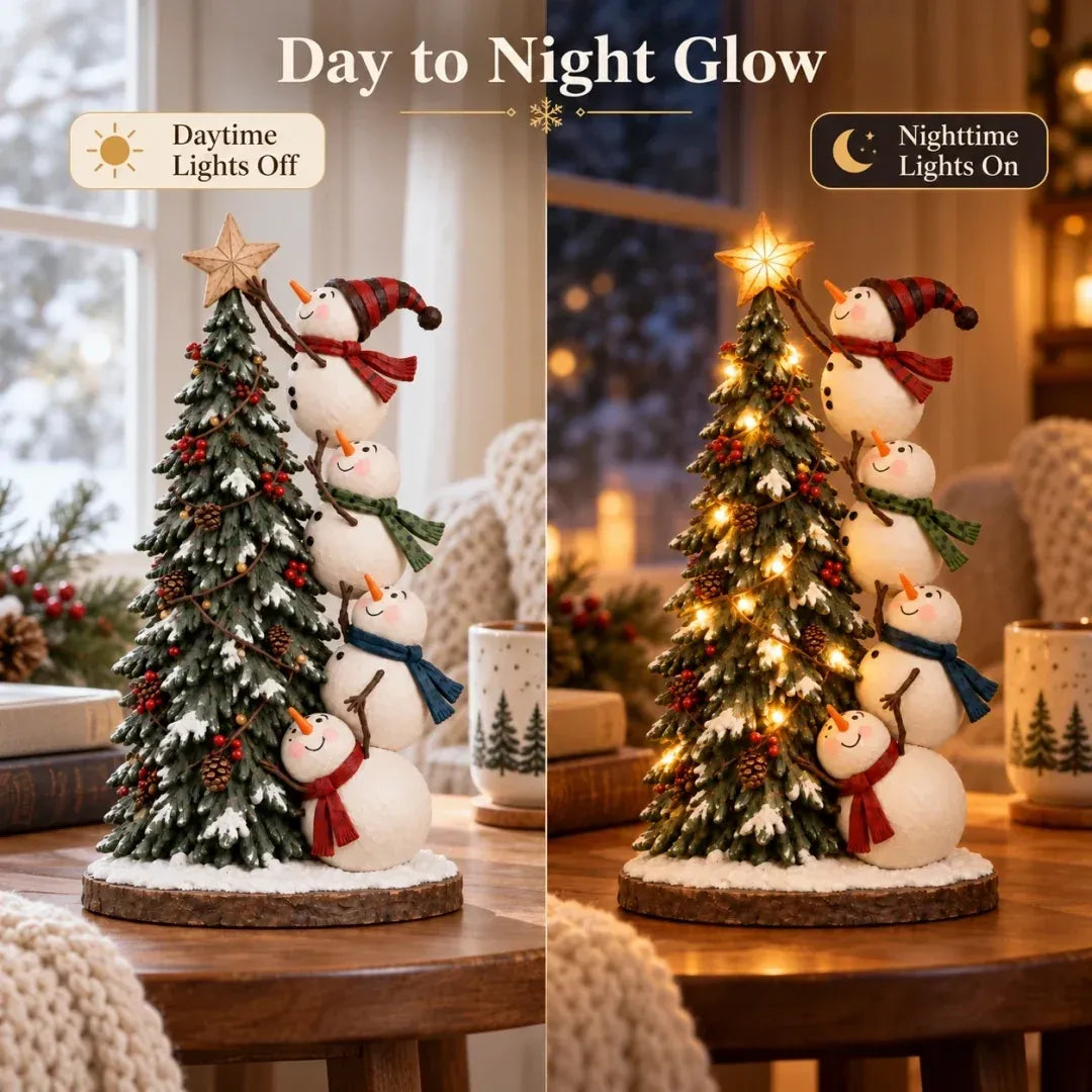⛄ Four Snowmen Light-Up Christmas Tree Figurine – LED Holiday Tabletop Decoration