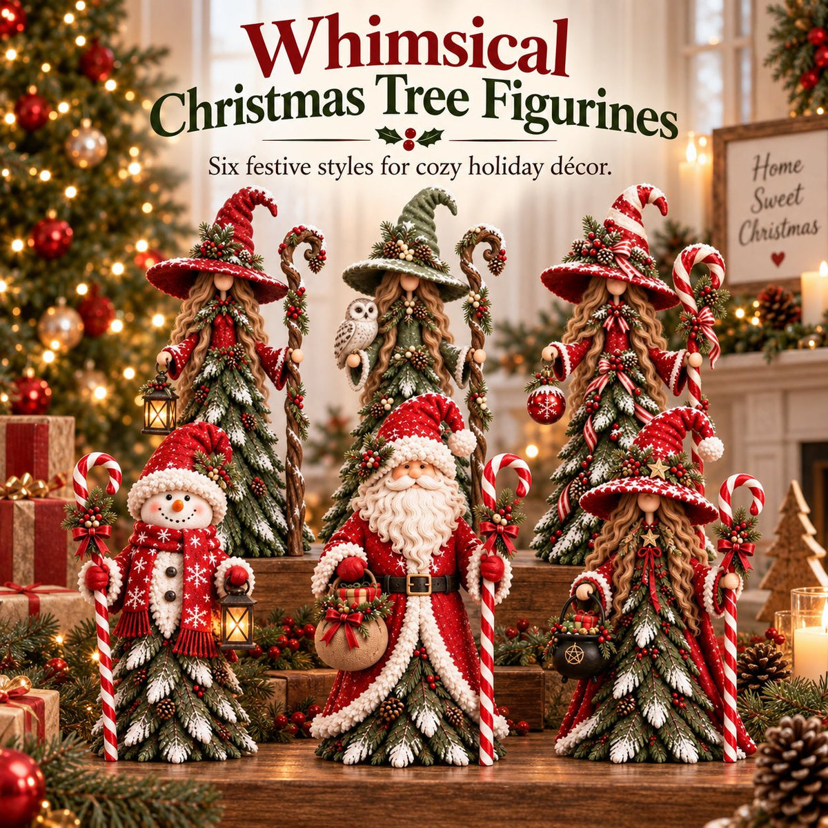 Christmas decorative figure in the shape of a Christmas tree – Santa Claus, snowman & Christmas witch with festive details