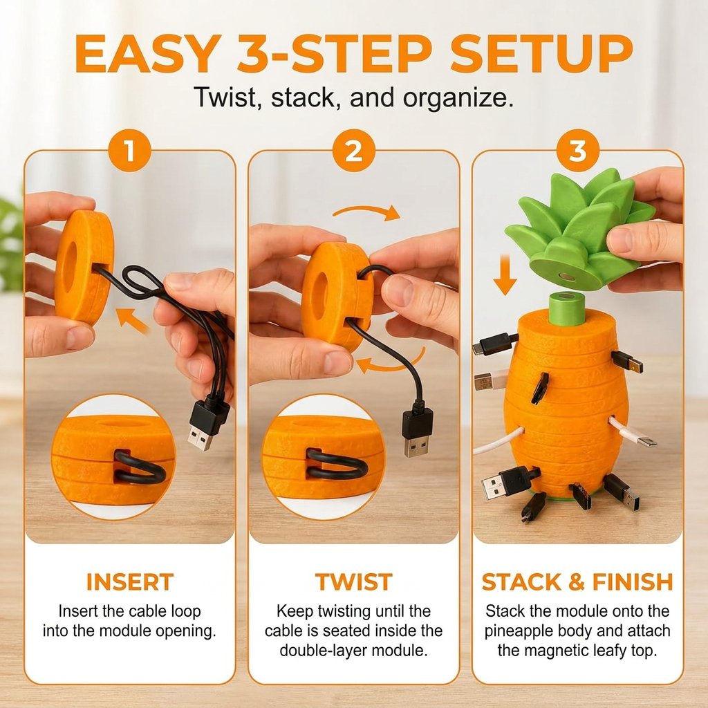 🍍 Pineapple Cable Organizer – Stackable Cord Winder for Desk