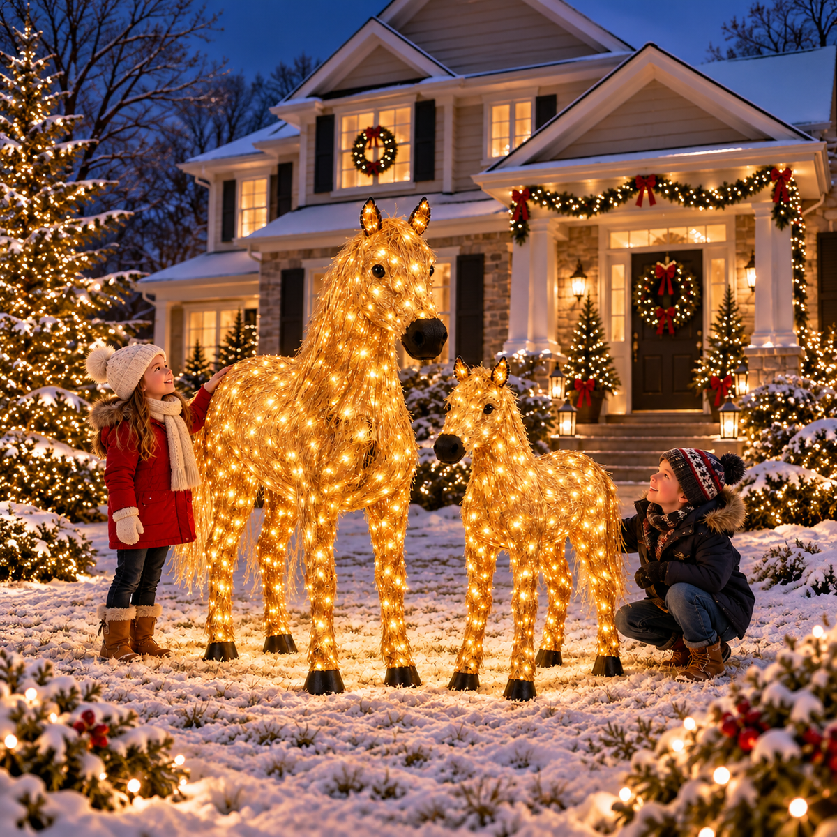 🐴 Light-Up Christmas Horse & Foal Set – Warm White LED Holiday Display
