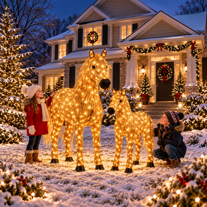 🐴 Light-Up Christmas Horse & Foal Set – Warm White LED Holiday Display