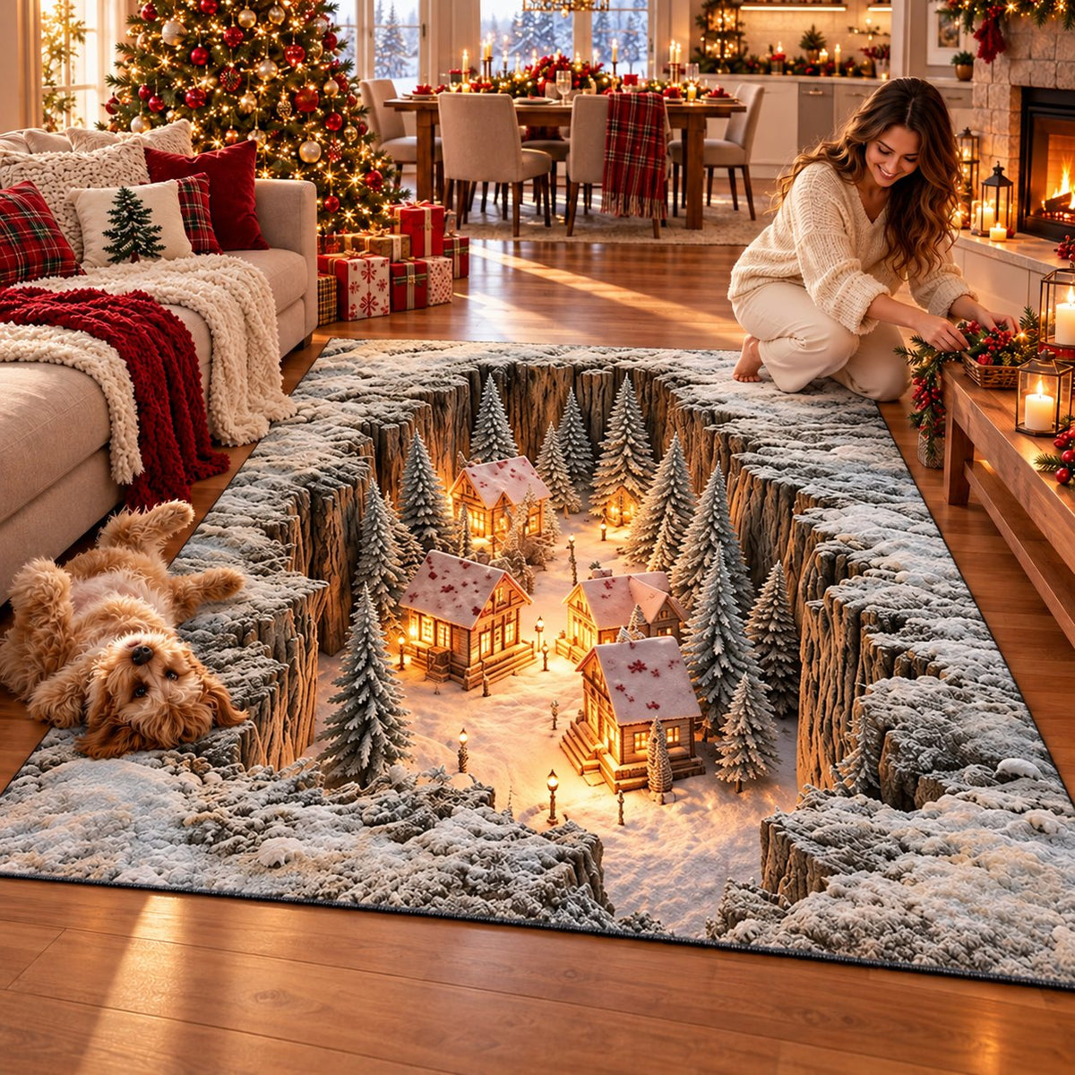 🎄 Optical Illusion Christmas Village Rug – Hidden Winter Scene Floor Decor ✨