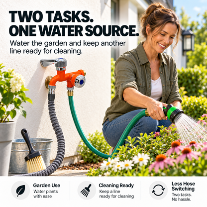 💧 Dual-Outlet Faucet – Two Water Lines, No More Hose Switching