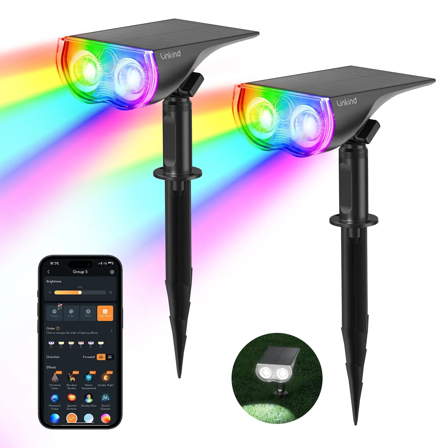Linkind Smart Solar Spotlight RGBTW Color Changing Cool Warm White Landscape Lighting APP Control Outdoor IP67  Waterproof