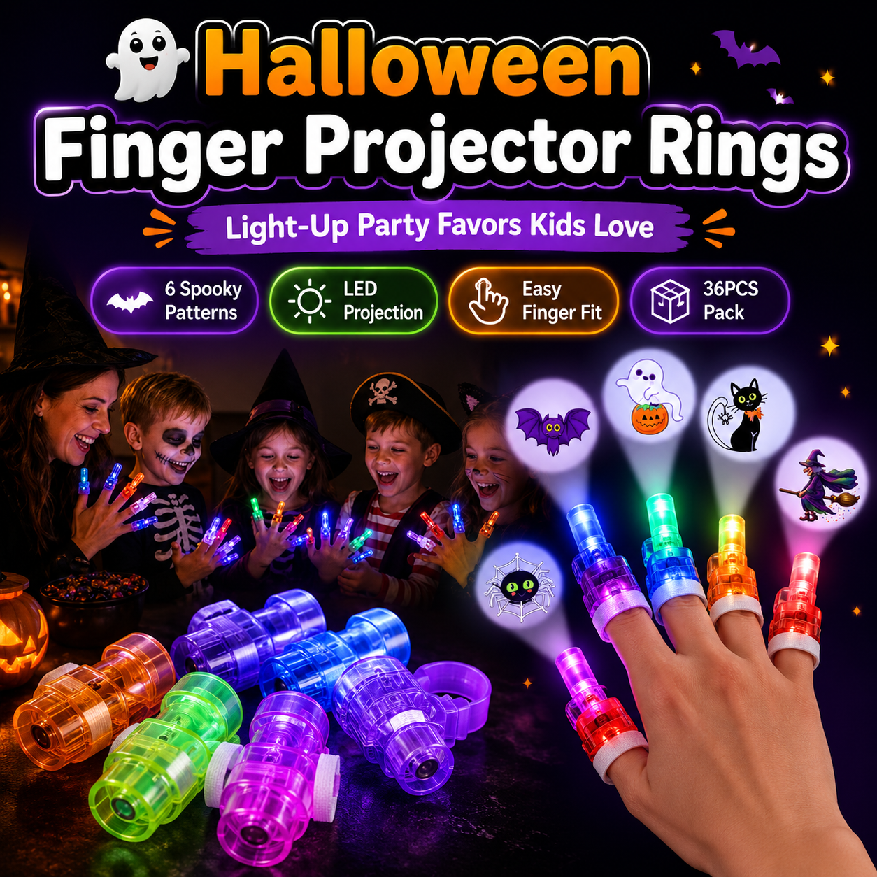 👻 🎃 Halloween Finger Projector Rings – LED Party Favors for Kids