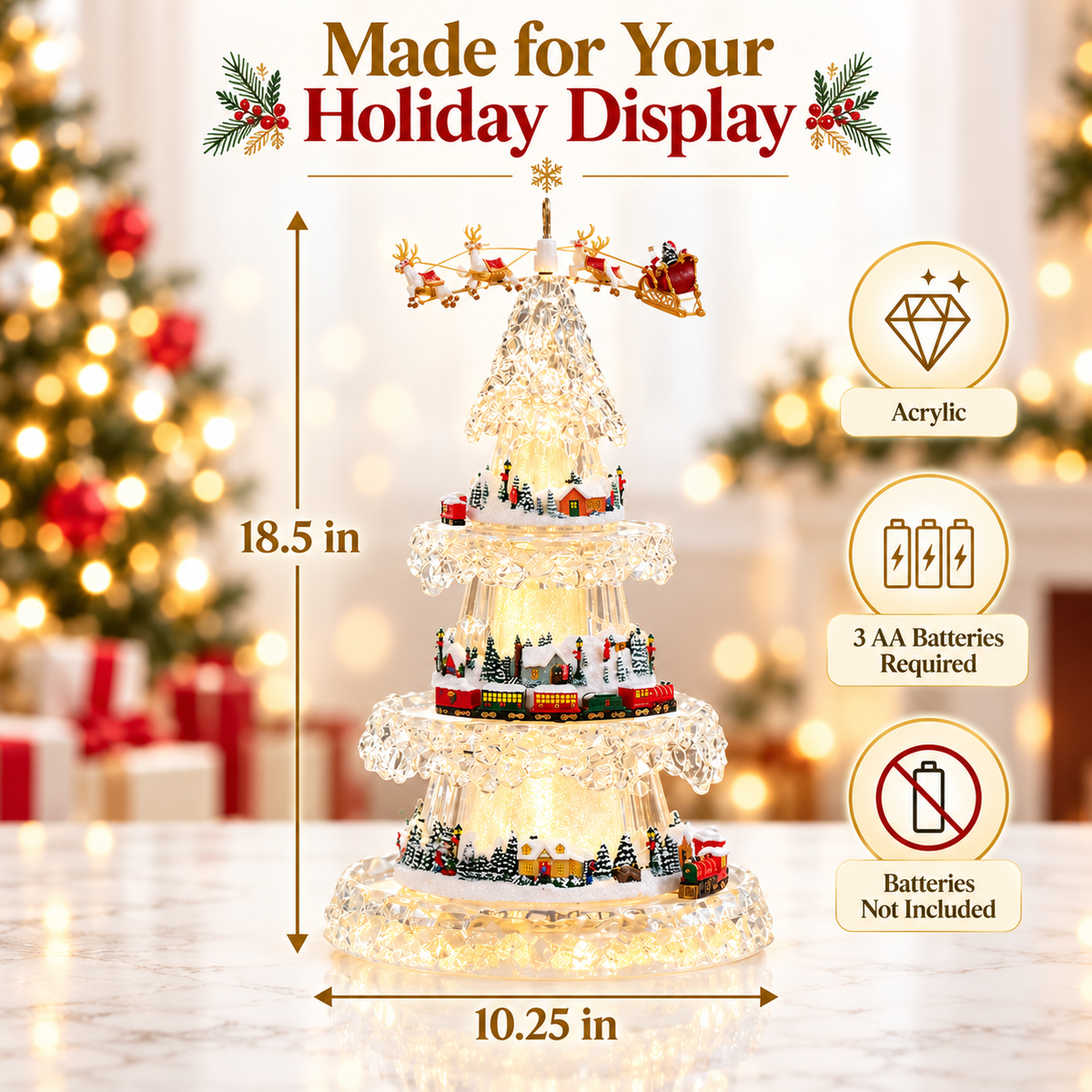 🎄 Musical Christmas Tree with Animated Train – Light-Up Acrylic Holiday Village Tabletop Decoration