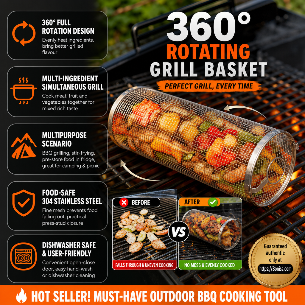🔥 360° Rolling Grill Basket – Keep Veggies Together, Flip with Less Fuss