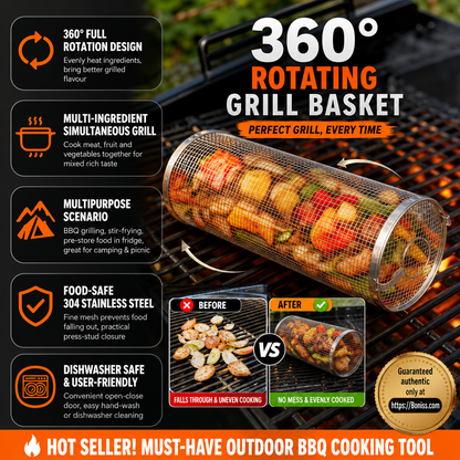 🔥 360° Rolling Grill Basket – Keep Veggies Together, Flip with Less Fuss