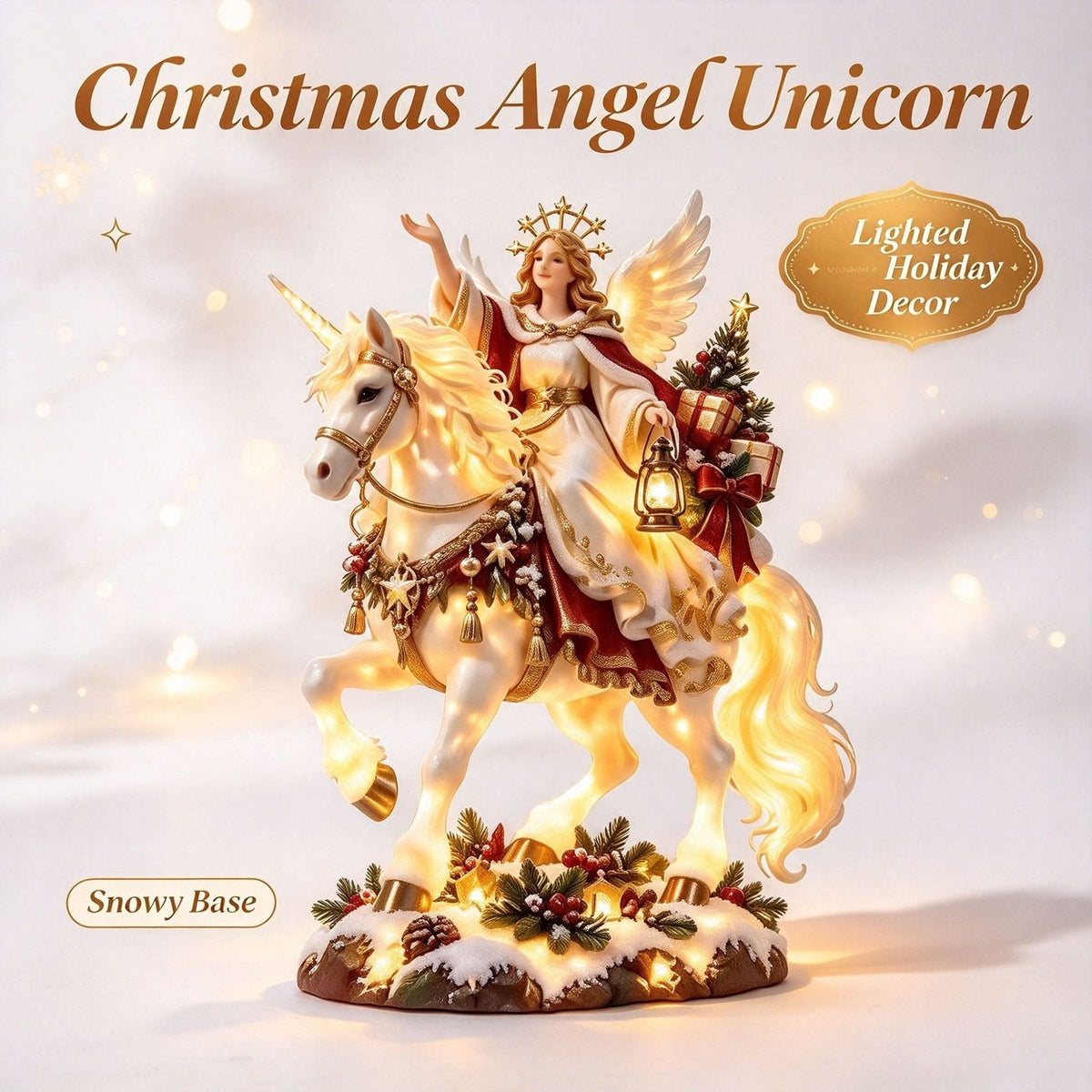 Christmas figurine with angel and unicorn – fairytale details in warm white light.