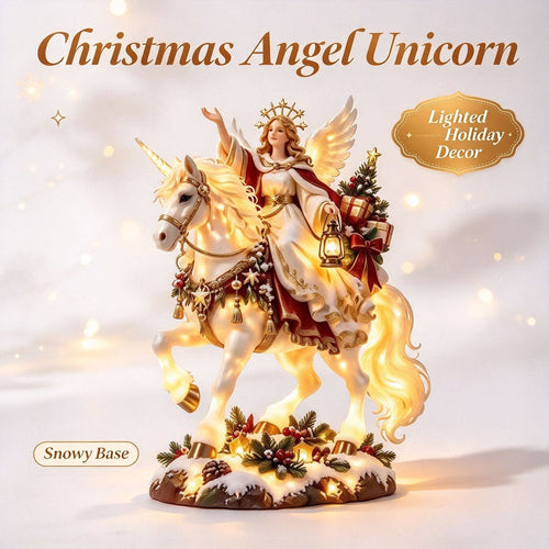 Christmas figurine with angel and unicorn – fairytale details in warm white light.