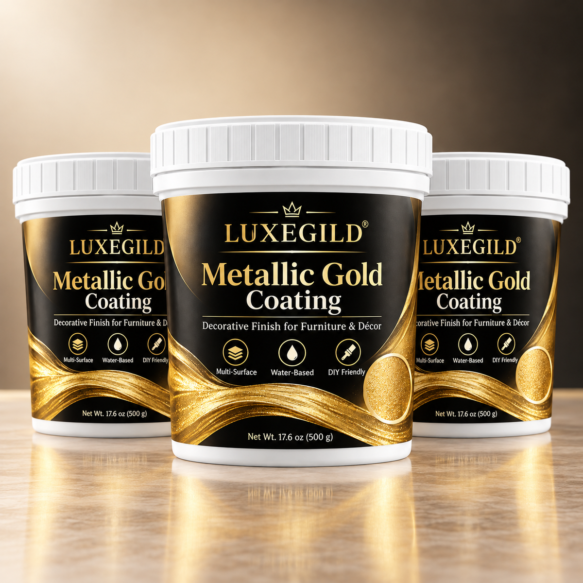 Three containers of metallic gold coating