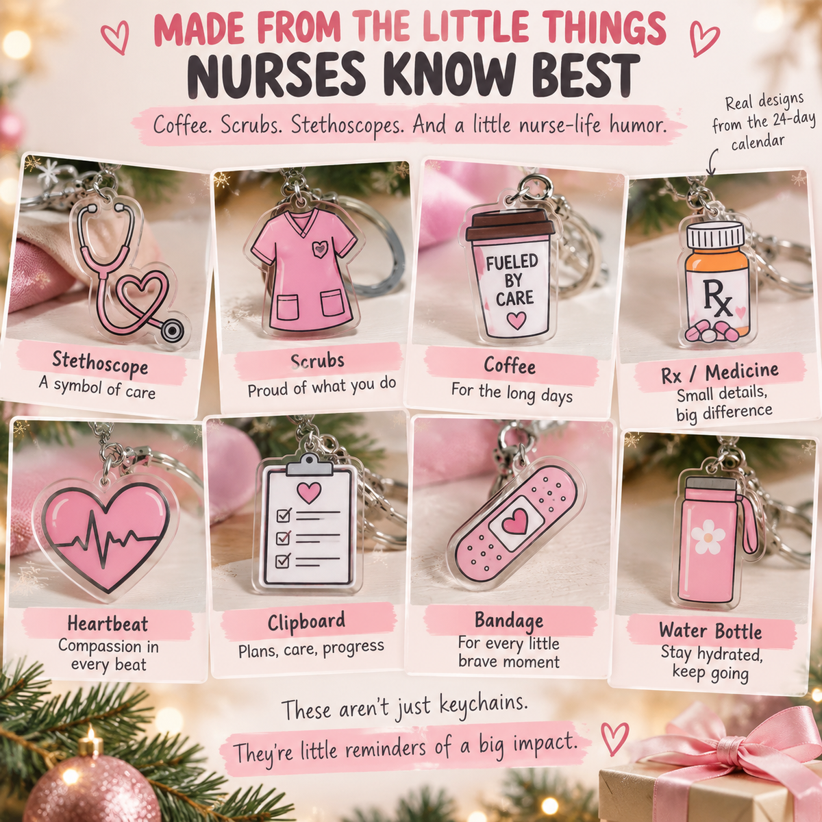 🎄 24-Day Nurse Appreciation Advent Calendar – 24 Nurse-Themed Keychains