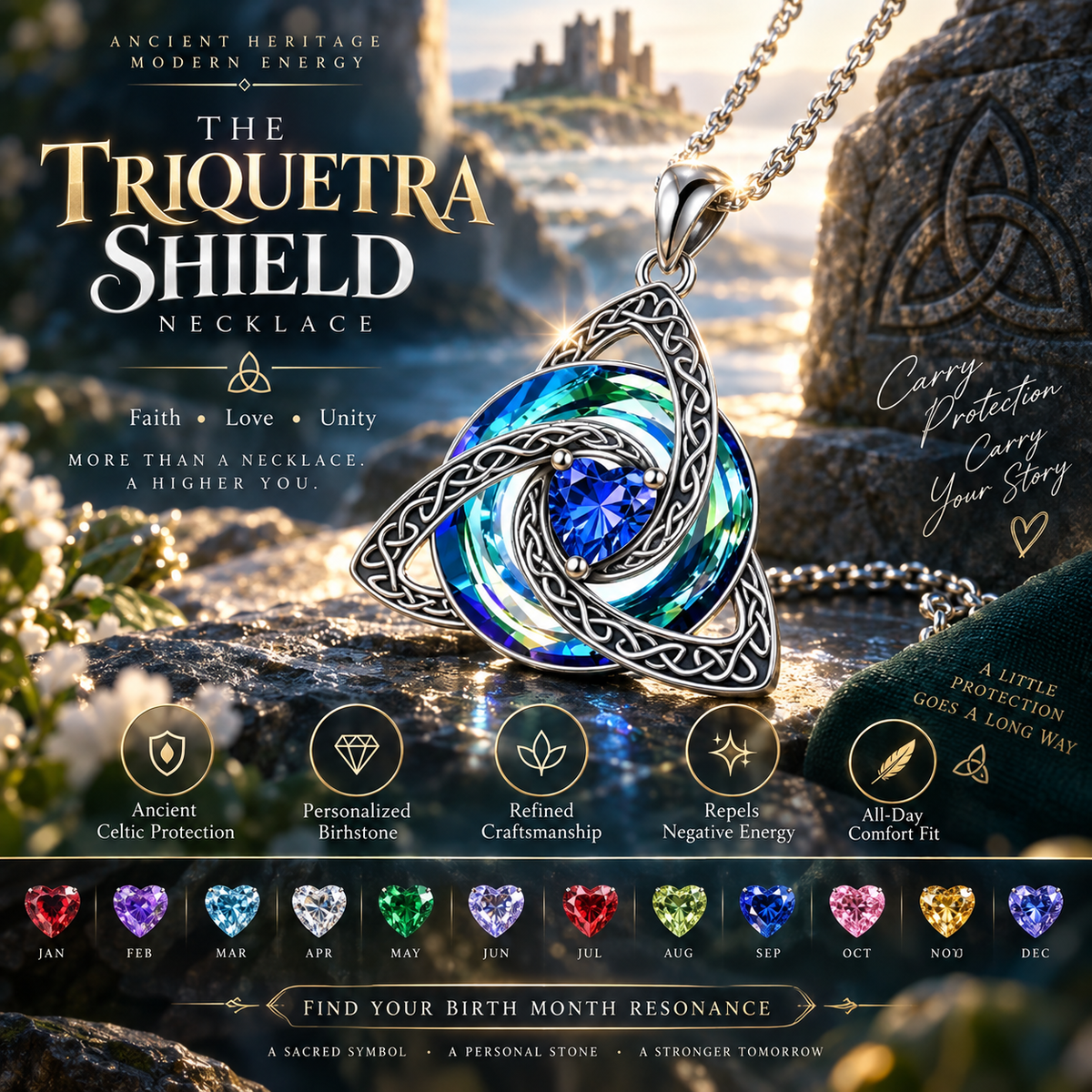 Celtic Birthstone Shield Necklace – Your Birthstone, Your Symbol, Your Story ✨
