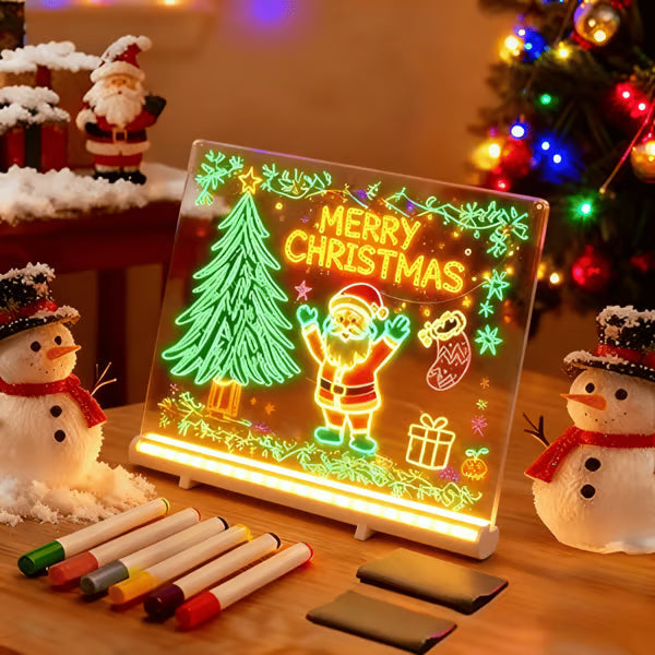 Colorful Christmas drawing illuminated on the LED acrylic board